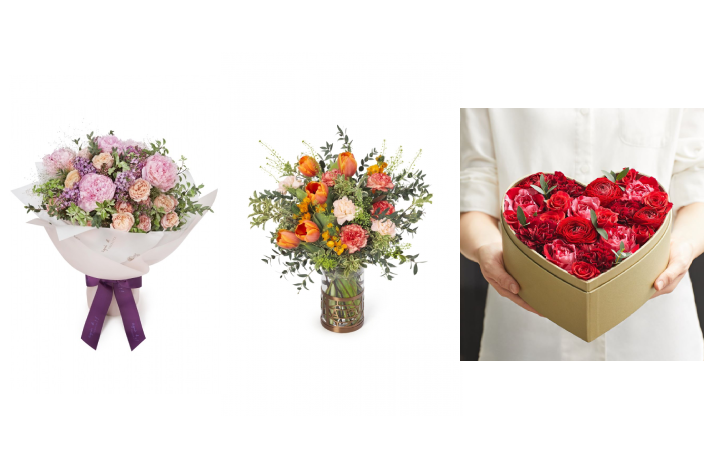 (圖左至右) Charilyn玫瑰花束 HK$1,680,Ella鬱金香花瓶擺設 HK$1,480,Dory康乃馨心形禮盒 HK$1,080充滿著法式情懷的花藝禮品配上品牌獨特的包裝就最適合愛浪漫的媽